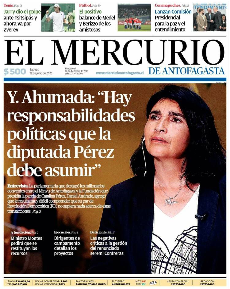 Portada de El Mercurio de Antofagasta (Chile)