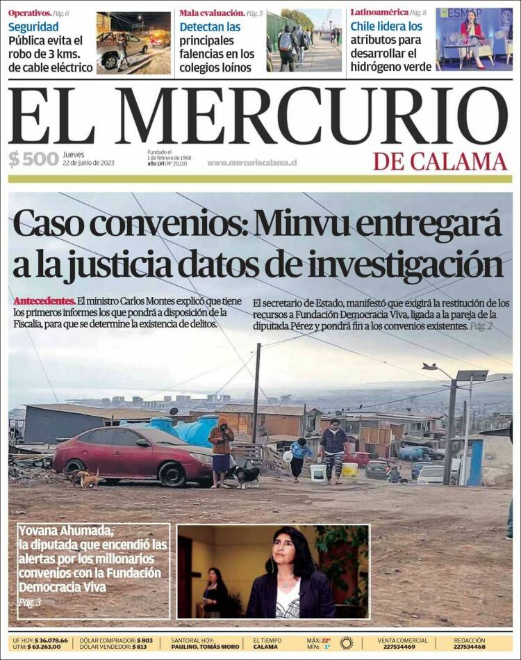 Portada de El Mercurio - Calama (Chile)