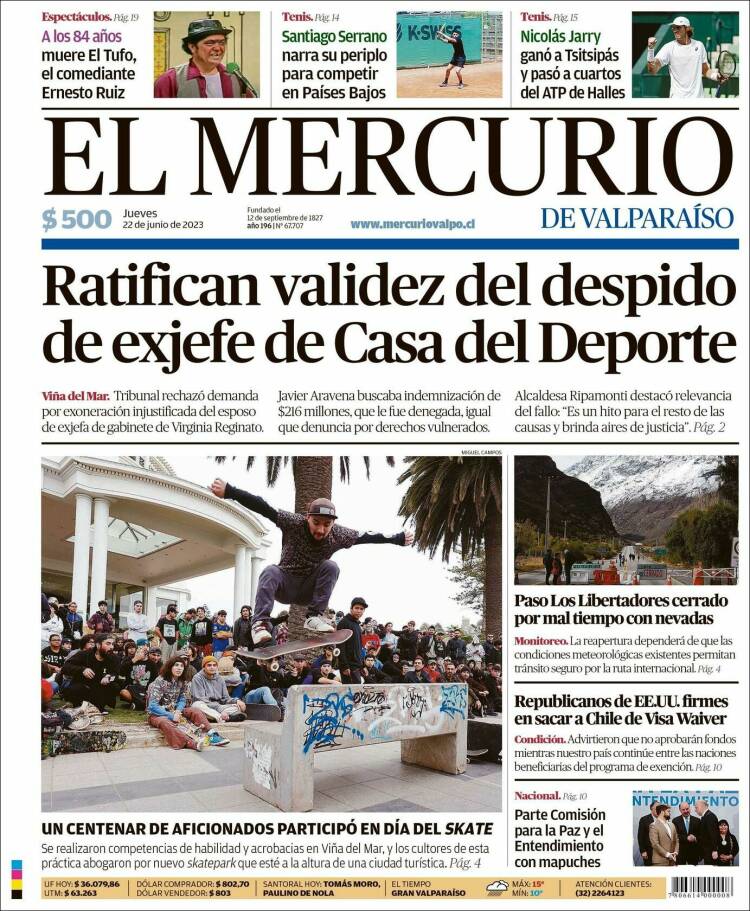 Portada de Mercurio de Valparaiso (Chile)