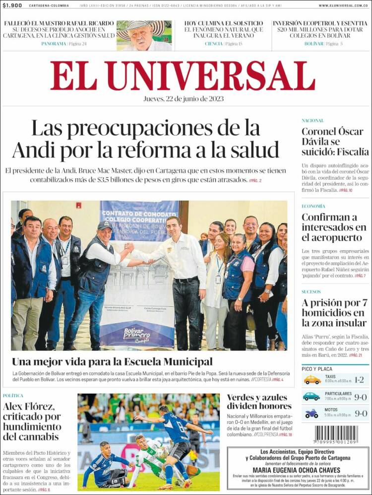 Portada de El Universal (Colombia)