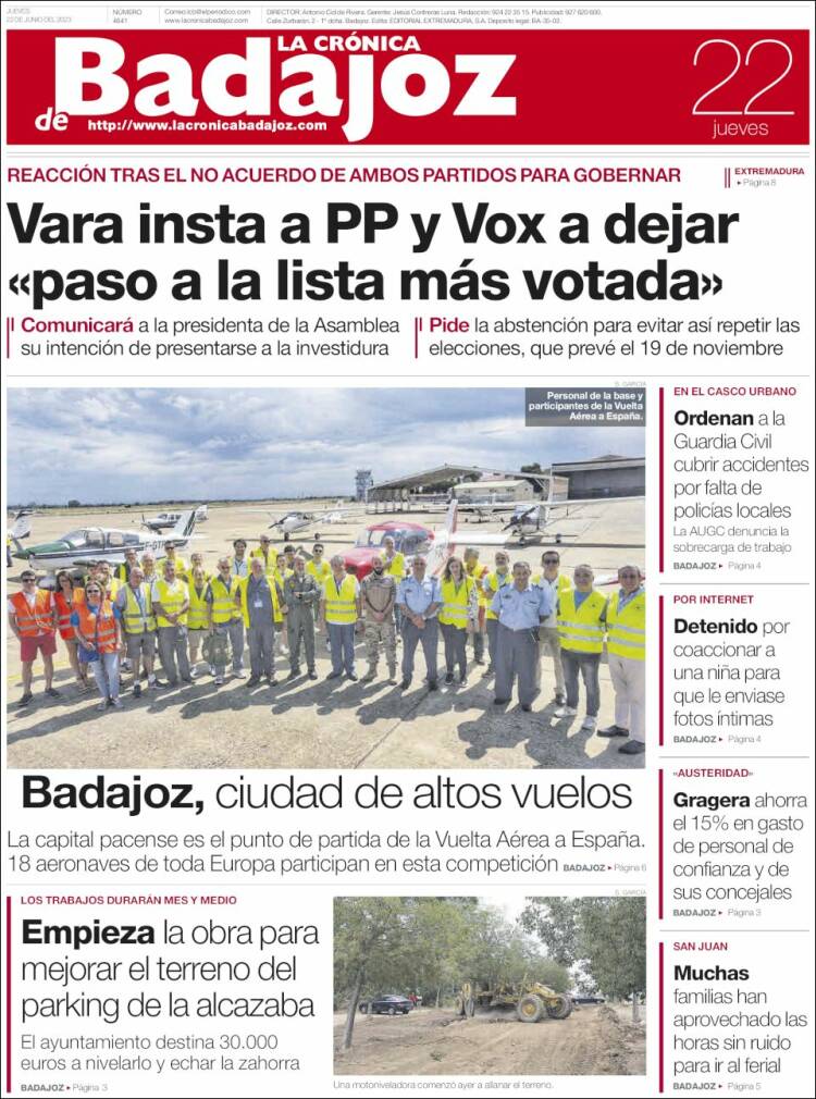 Portada de La Crónica de Badajoz (España)