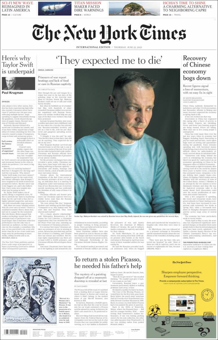 Portada de International New York Times (Europa)