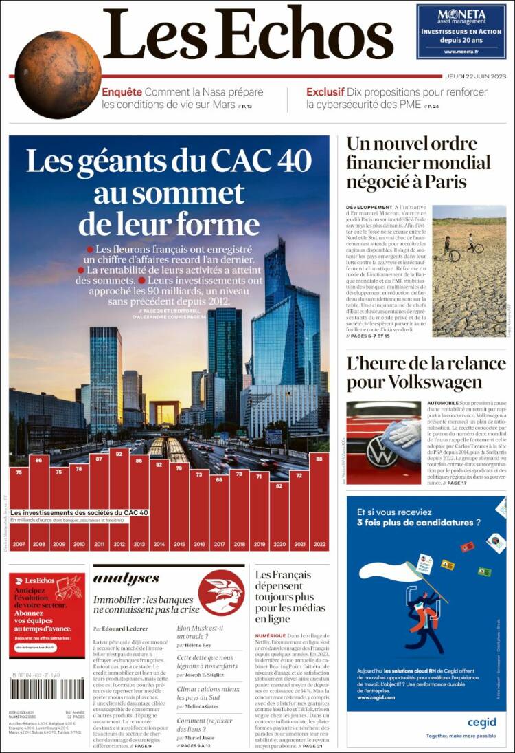 Portada de Les Echos (Francia)