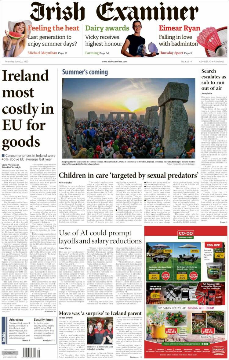 Portada de Irish Examiner (Irlanda)