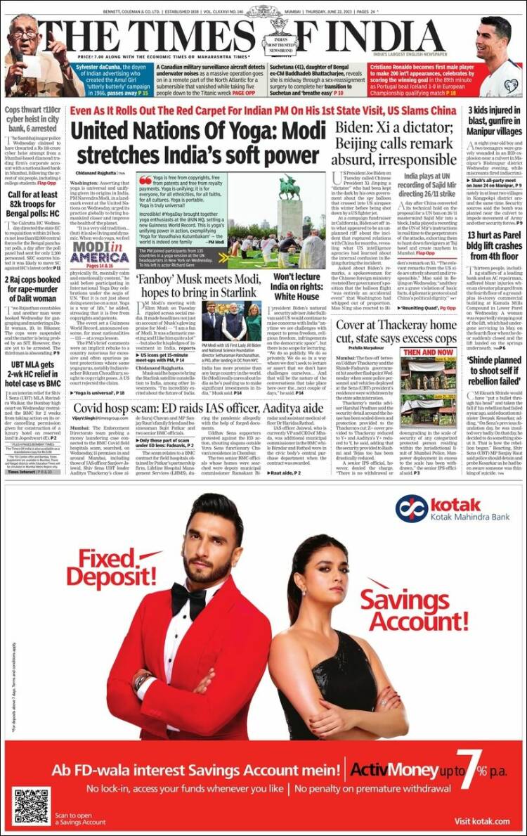 Portada de The Times of India (India)