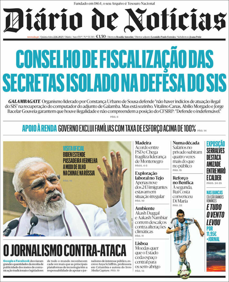 Portada de Diário de Noticias (Portugal)