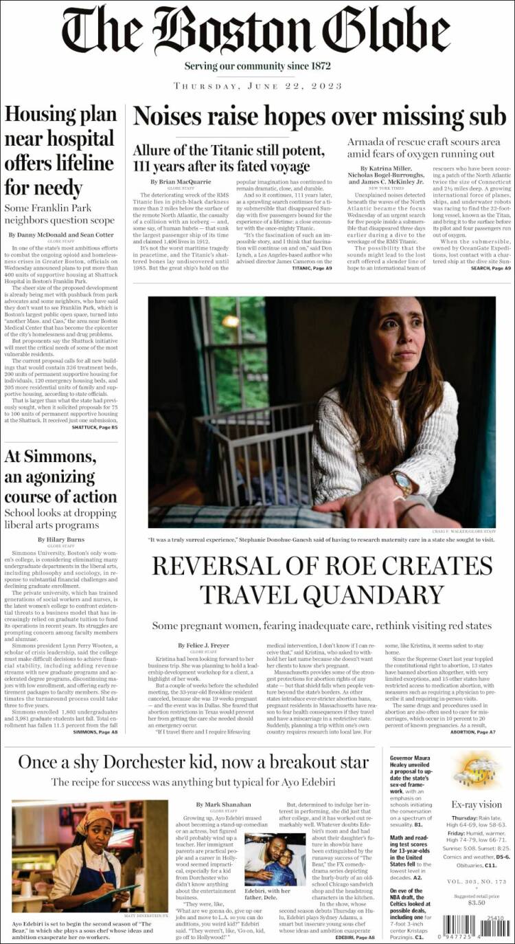 Portada de Boston Globe (USA)