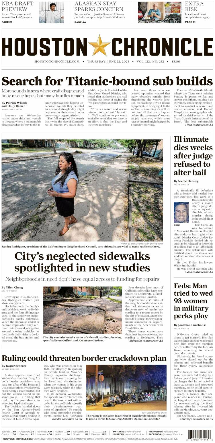 Portada de Houston Chronicle (USA)