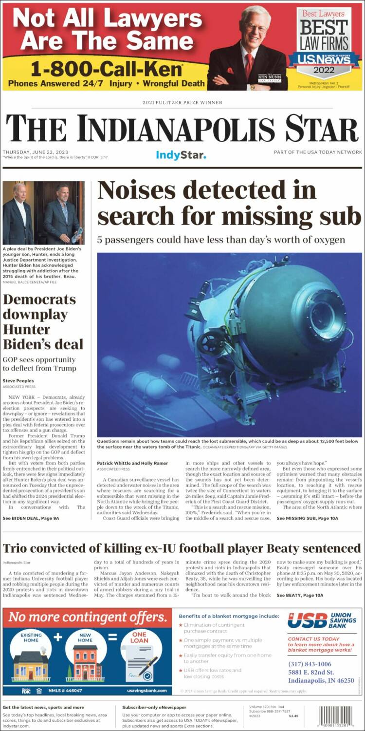 Portada de The Indianapolis Star (USA)
