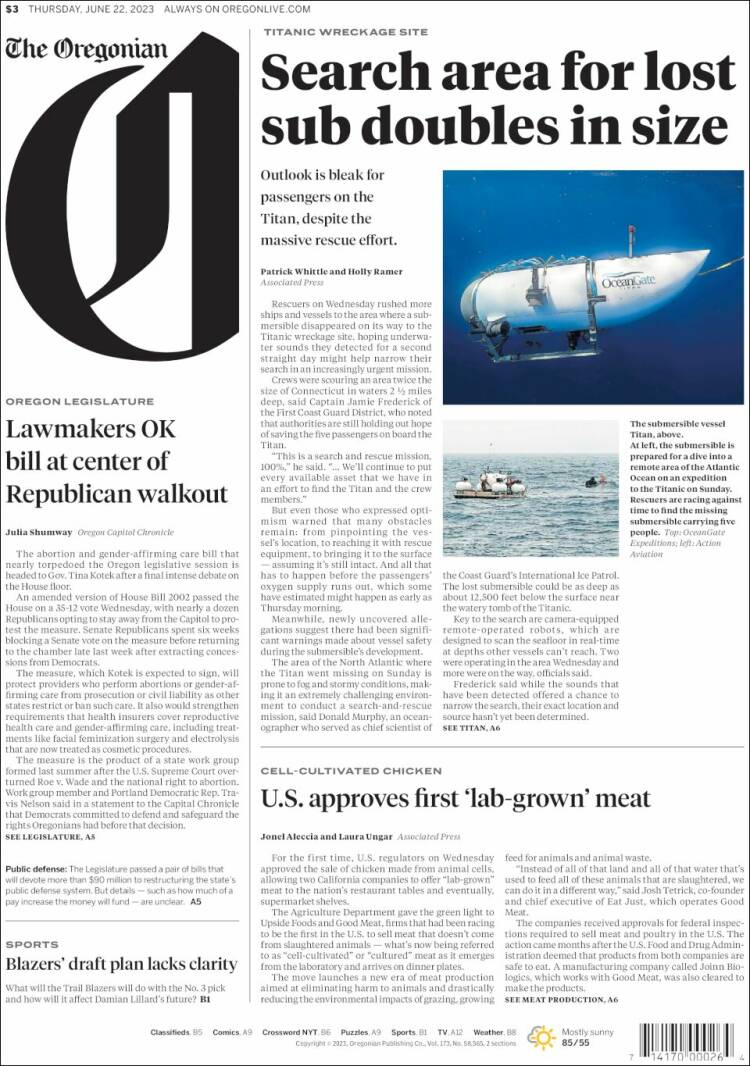 Portada de The Oregonian (USA)