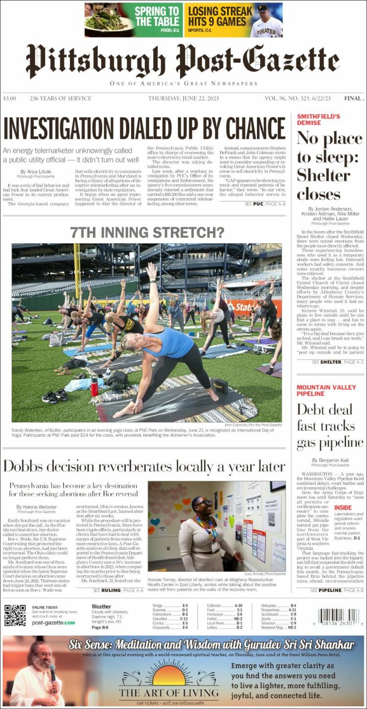 Portada de Pittsburgh Post-Gazette (USA)