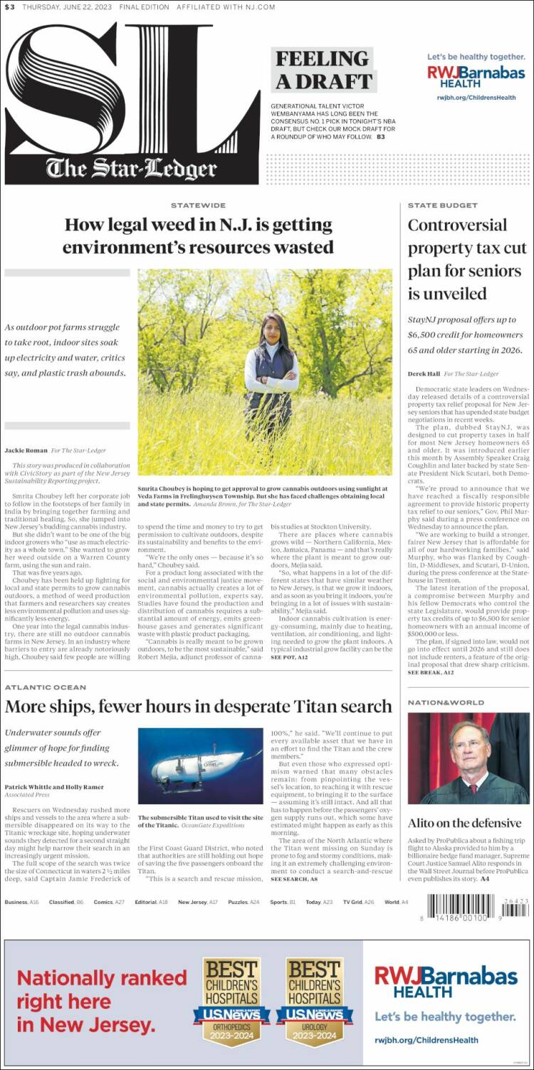 Portada de Star-Ledger (USA)