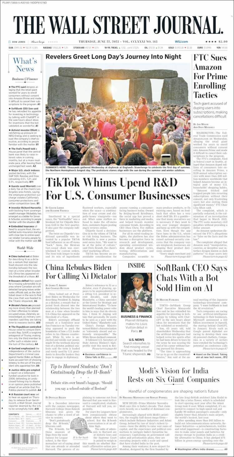 Portada de Wall Street Journal (USA)