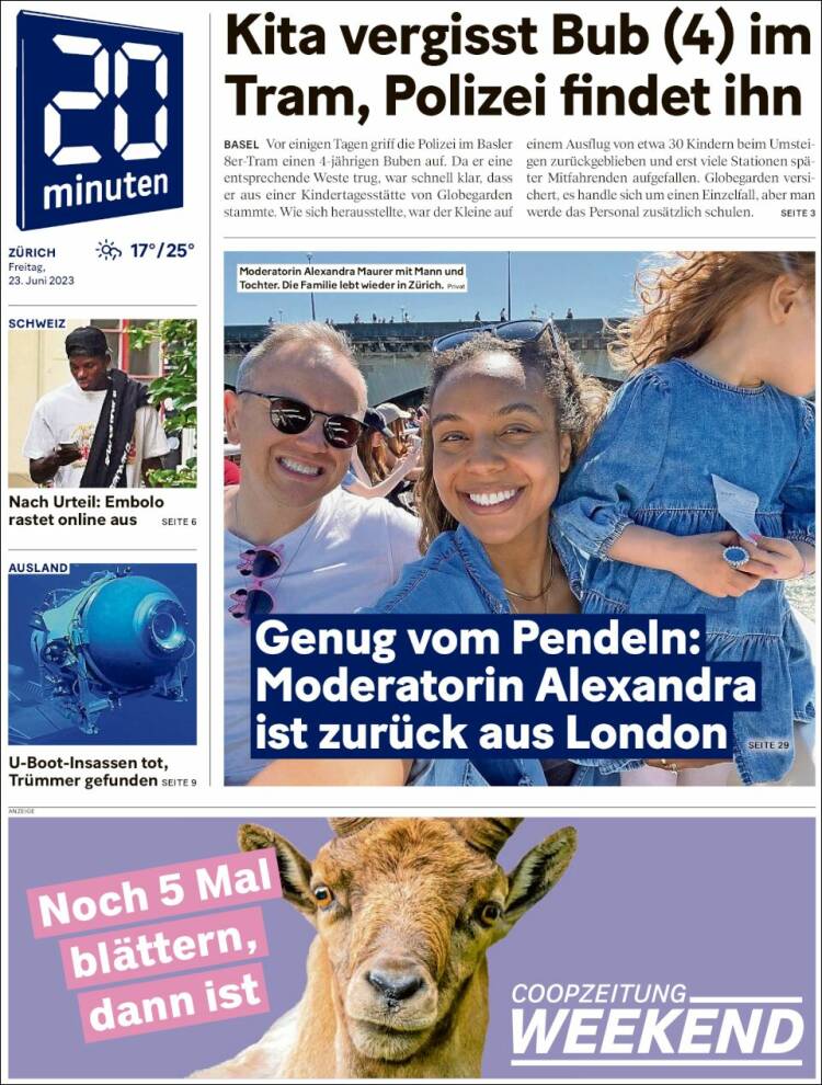 Portada de 20Minuten - Zürich (Suiza)