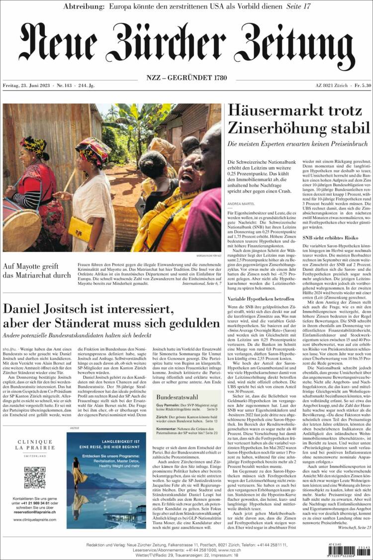 Portada de Neue Zürcher Zeitung (Suiza)