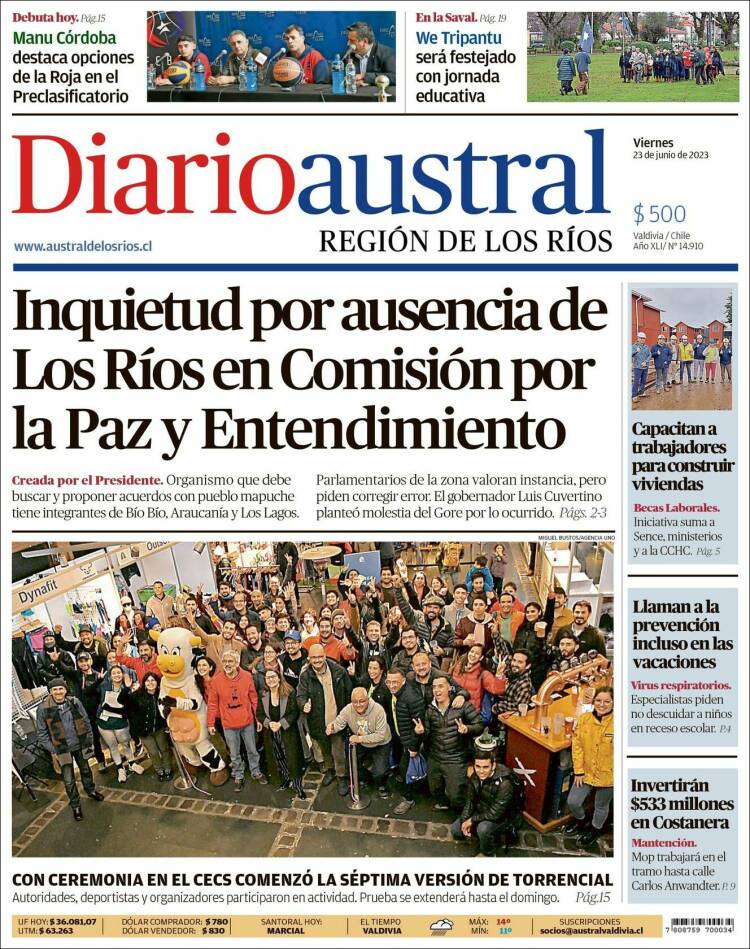 Portada de El Diario Austral de Valdivia (Chile)