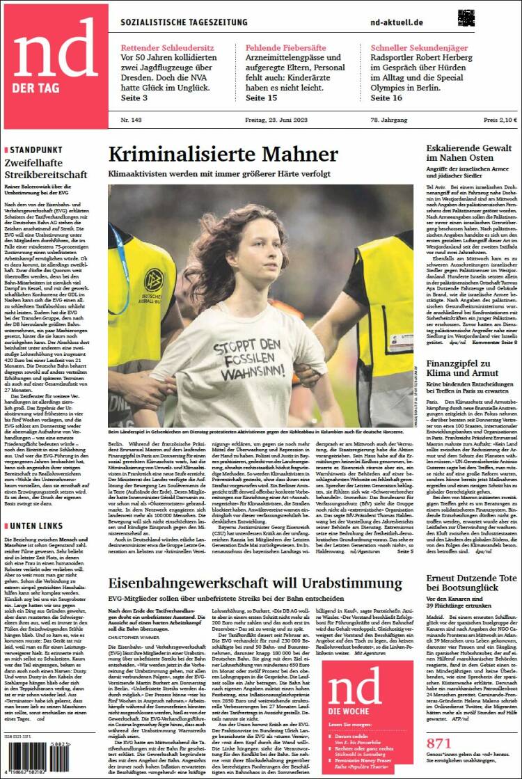 Portada de Neues Deutschland (Alemania)