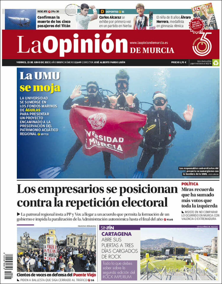 Portada de La Opinión de Murcia (España)