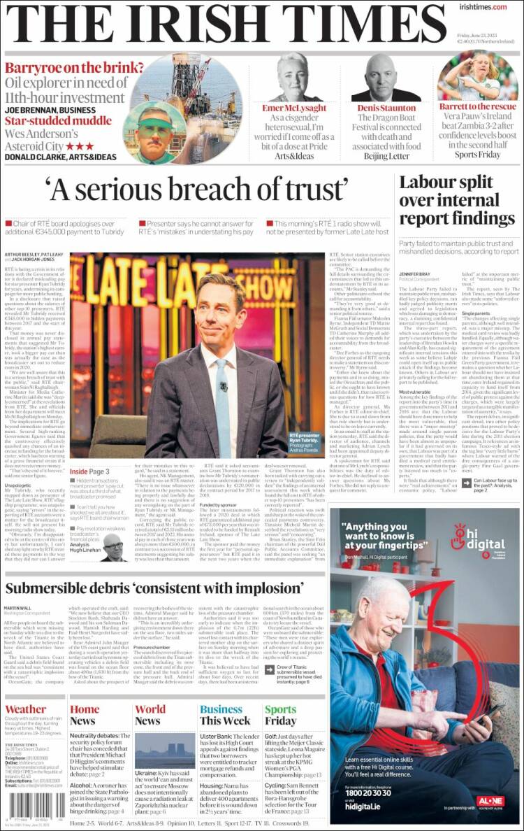 Portada de Irish Times (Irlanda)