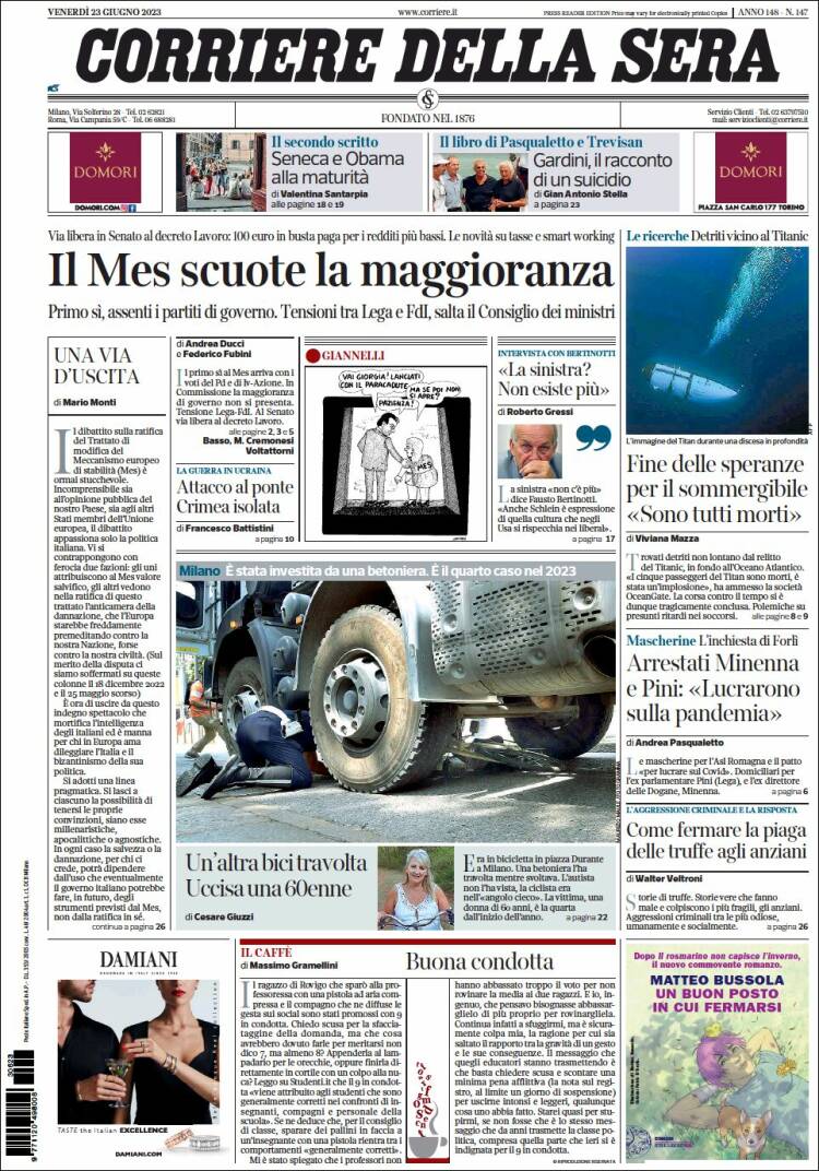Portada de Corriere della Sera (Italia)