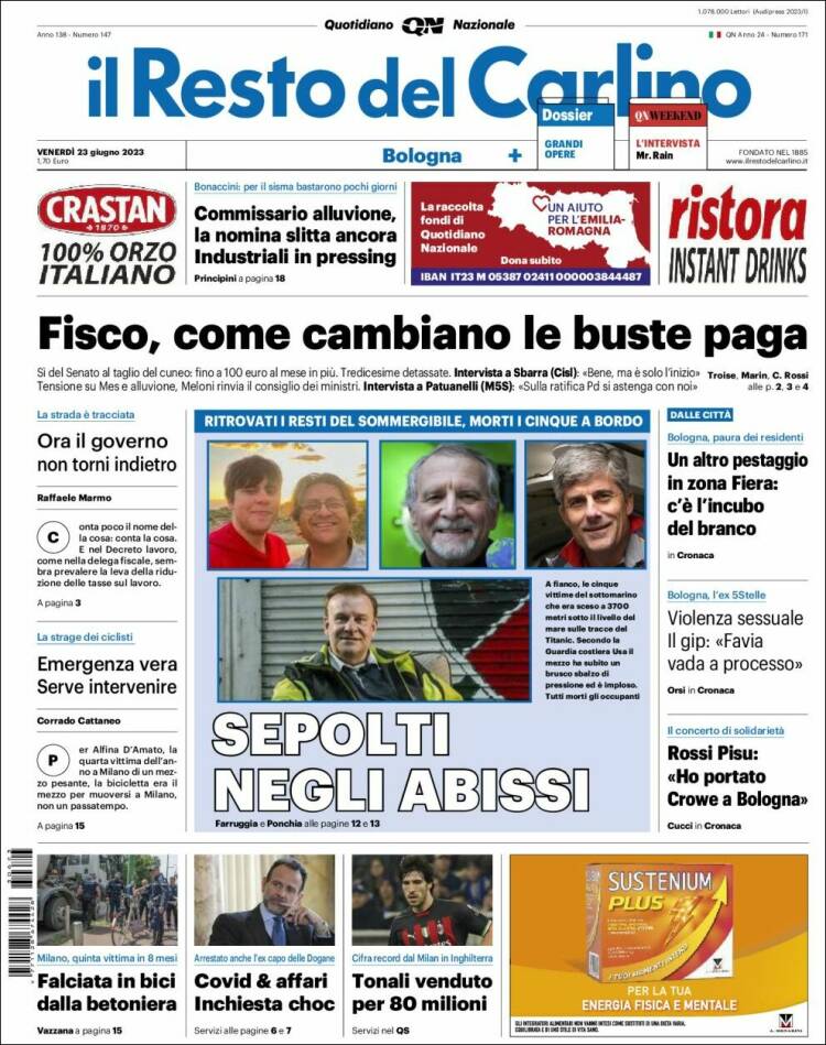 Portada de Il Resto del Carlino (Italia)