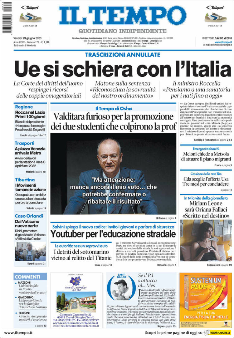Portada de Il Tempo (Italia)