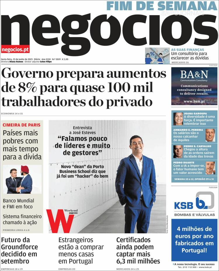Portada de Jornal de Negócios (Portugal)