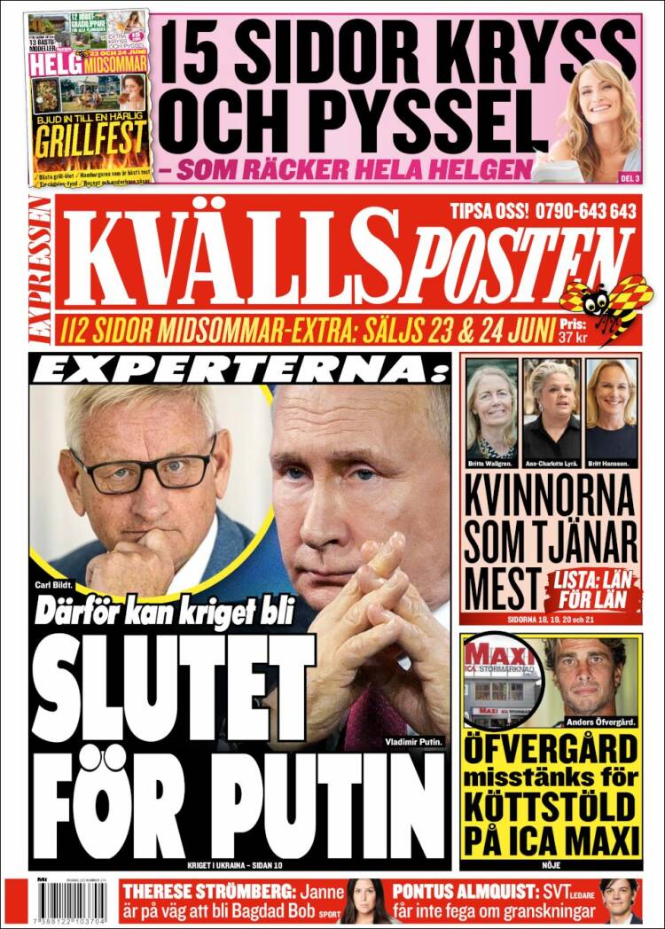Portada de Kvällsposten (Suecia)