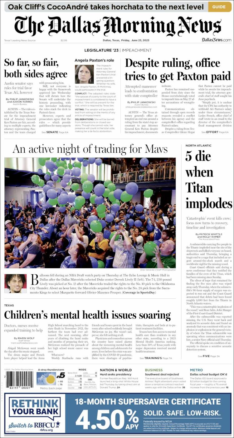 Portada de Dallas Morning News (USA)