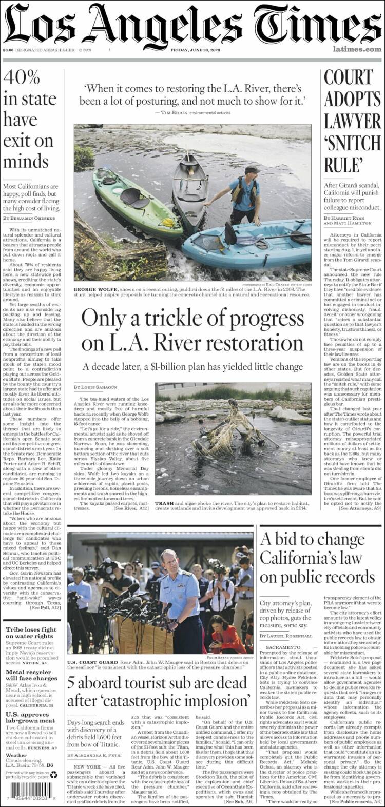 Portada de Los Angeles Times (USA)