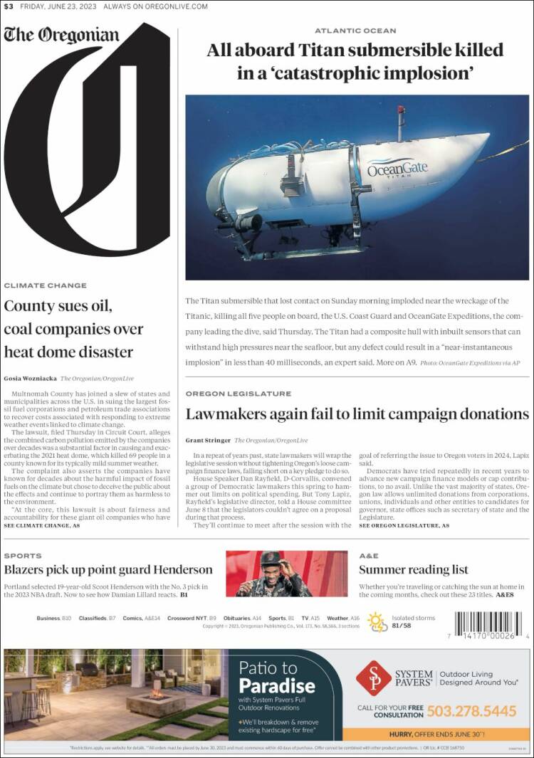 Portada de The Oregonian (USA)