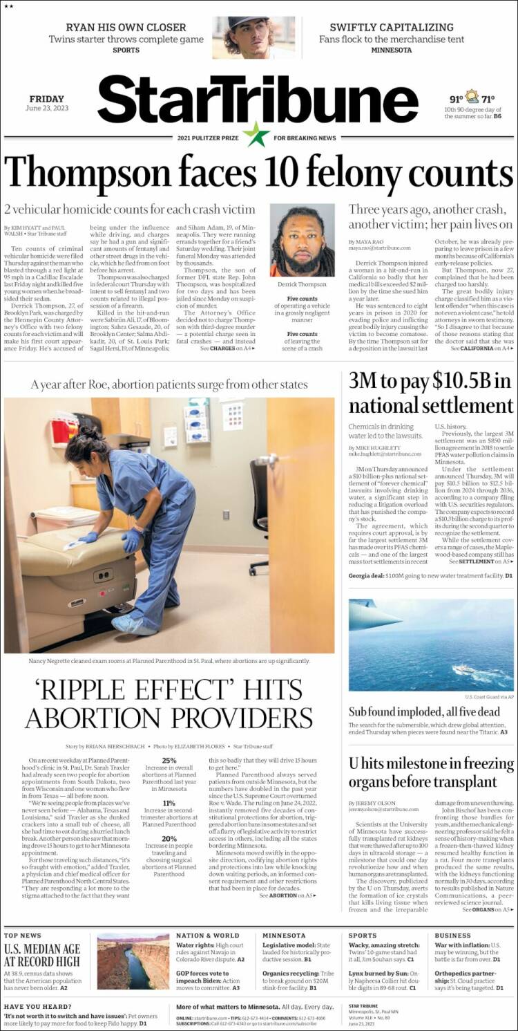 Portada de Star Tribune (USA)