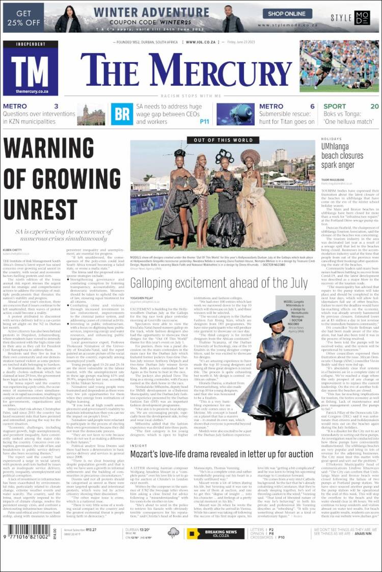 Portada de The Mercury (Sud&aacute;frica)