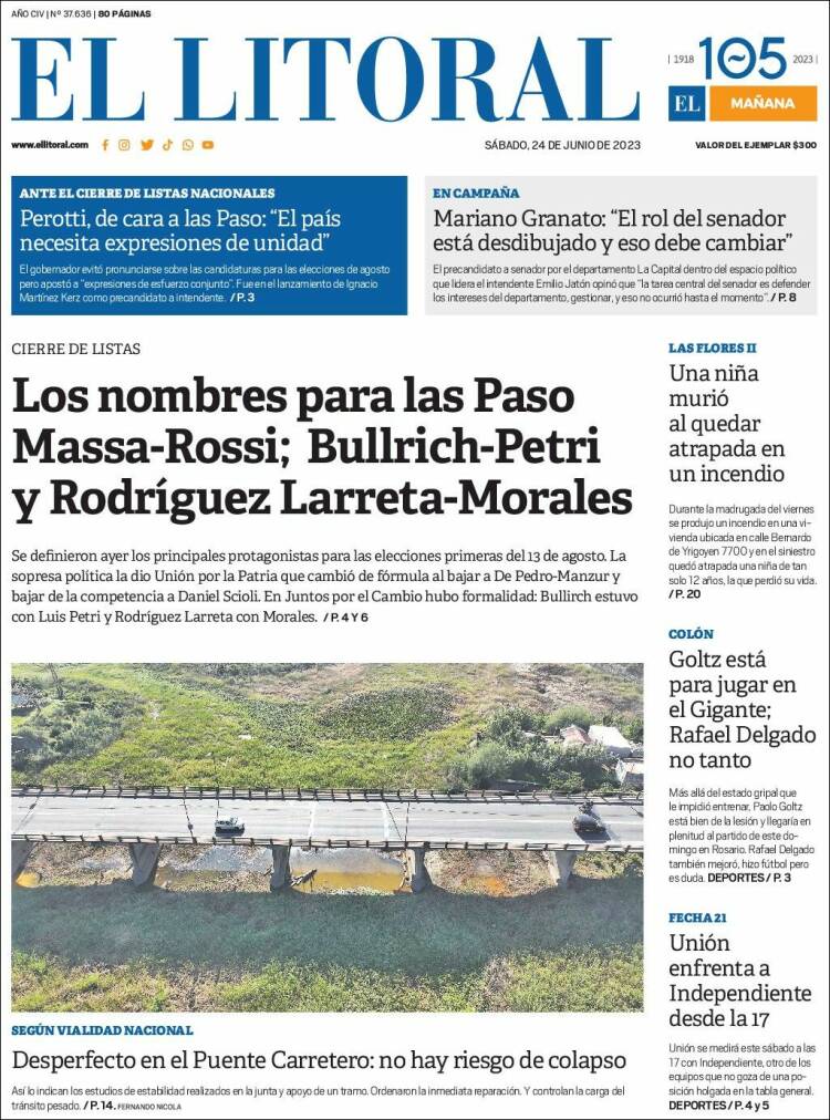 Portada de Diario El Litoral (Argentina)