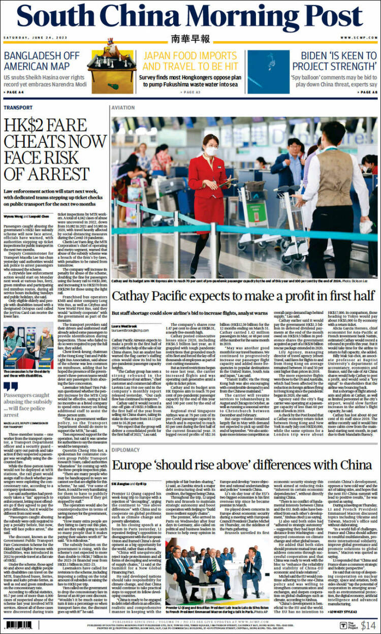Portada de South China Morning Post (China)