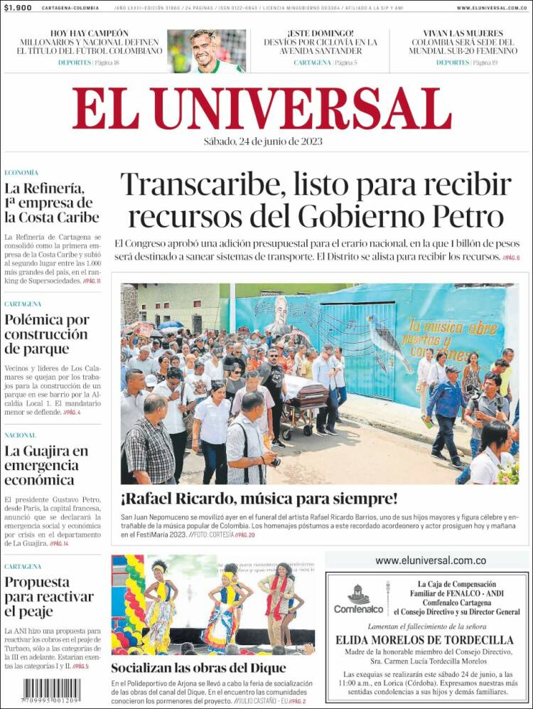 Portada de El Universal (Colombia)