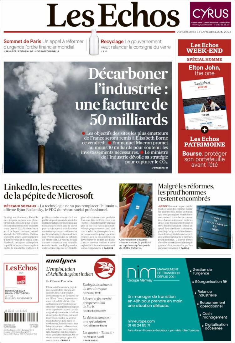 Portada de Les Echos (Francia)