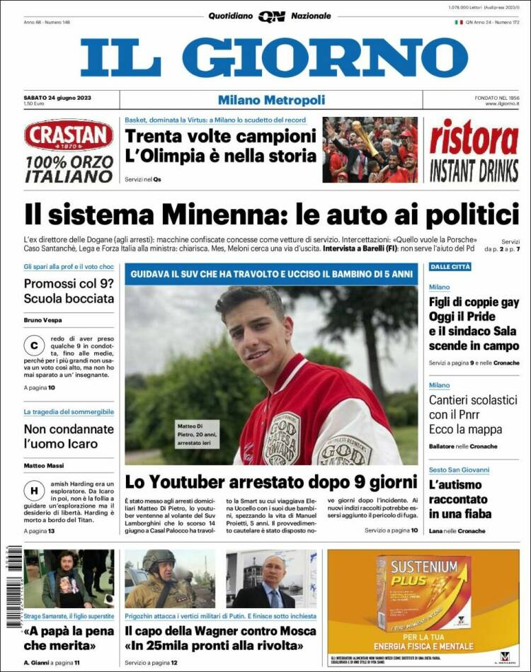 Portada de Il Giorno (Italia)