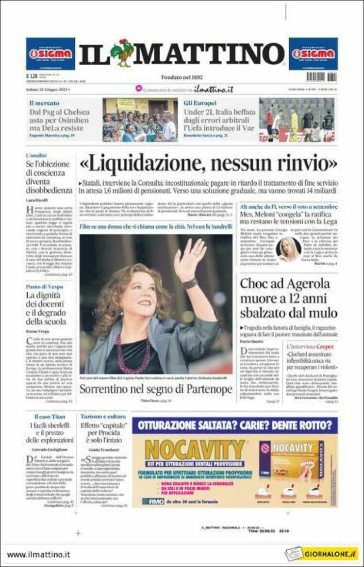 Portada de Il Mattino (Italia)