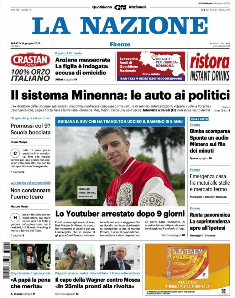 Portada de La Nazione (Italia)