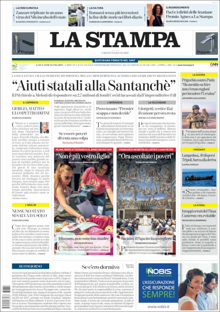 Portada de La Stampa (Italia)
