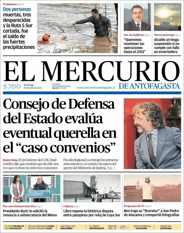 Portada de El Mercurio de Antofagasta (Chile)