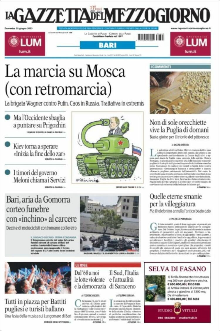 Portada de La Gazzetta del Mezzogiorno (Italia)