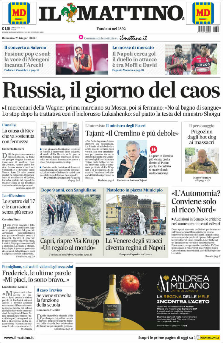 Portada de Il Mattino (Italia)