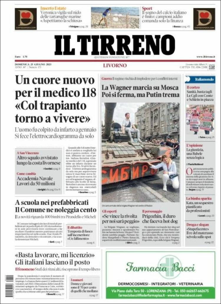 Portada de Il Tirreno (Italia)