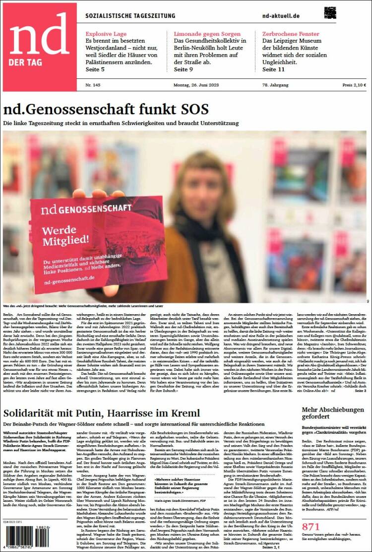 Portada de Neues Deutschland (Alemania)