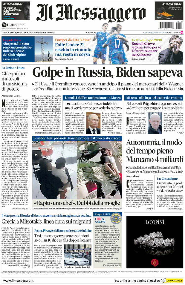Portada de Il Messaggero (Italia)