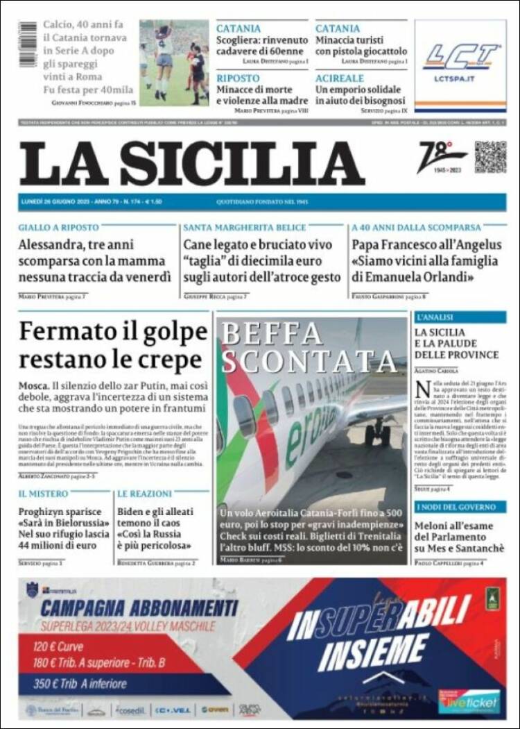 Portada de La Sicilia (Italia)