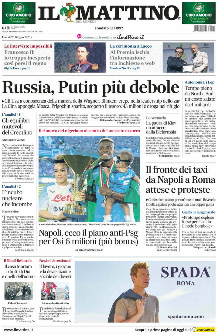 Portada de Il Mattino (Italia)