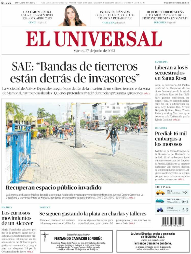 Portada de El Universal (Colombia)